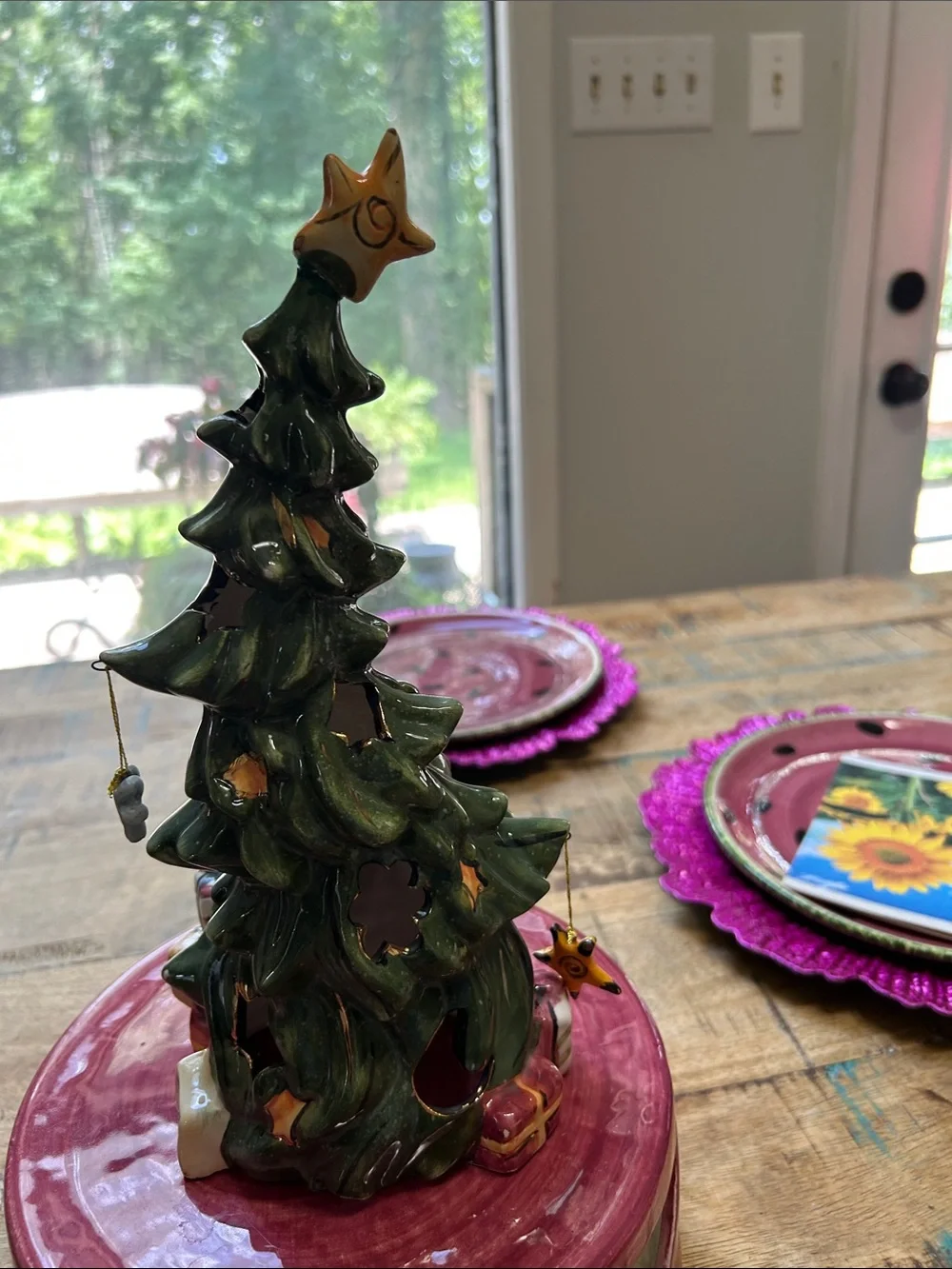Blue Sky Green Ceramic Holiday Tree with Star Topper and Gift Accents